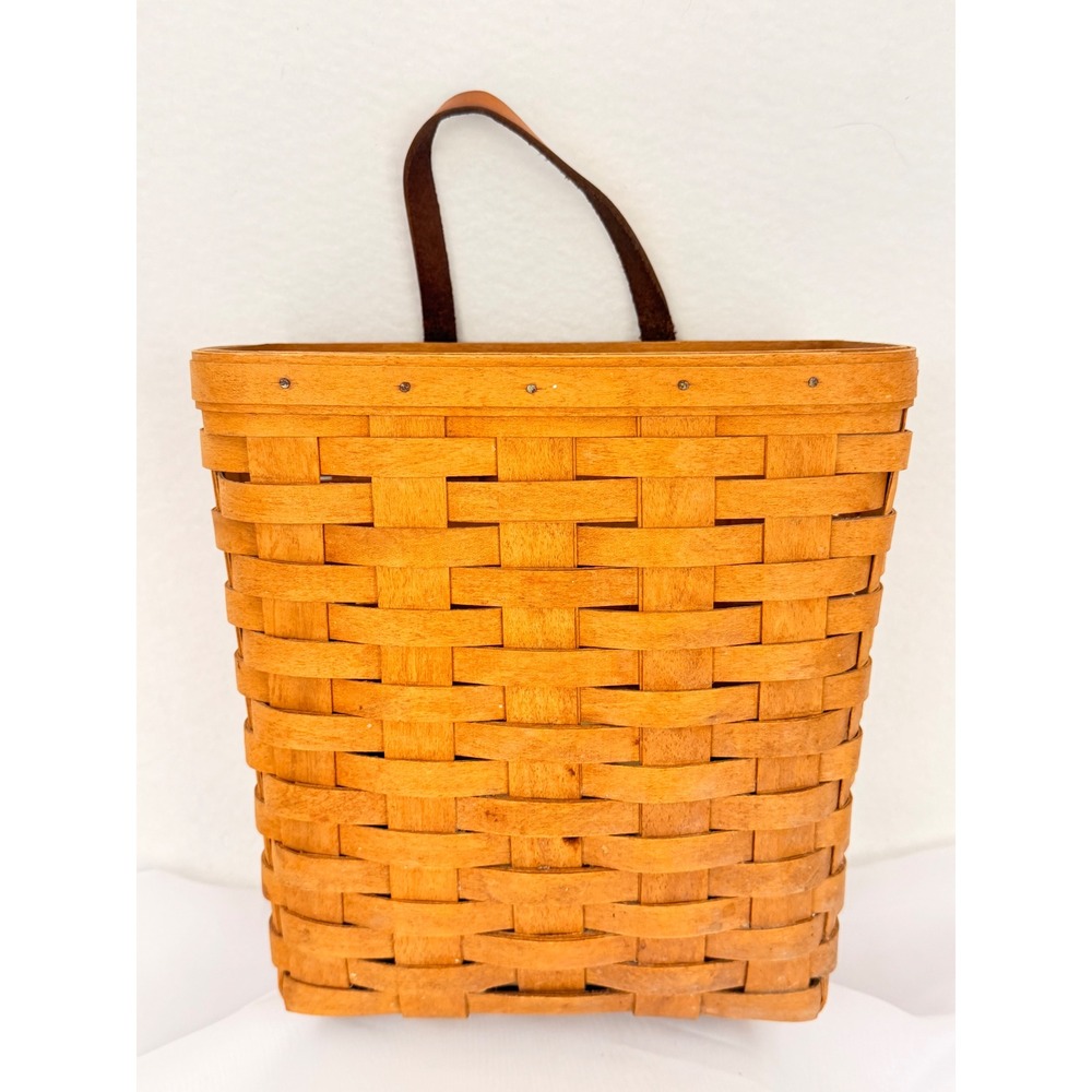 Longaberger 1995 Wall Pocket Basket Leather Loop Sawtooth Hanger Signed Woven